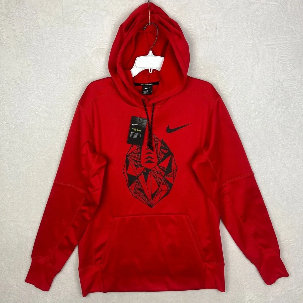 Nike Football Therma Dri Fit Hoodie Mens‎ Medium New Red Pullover Graphic Logo